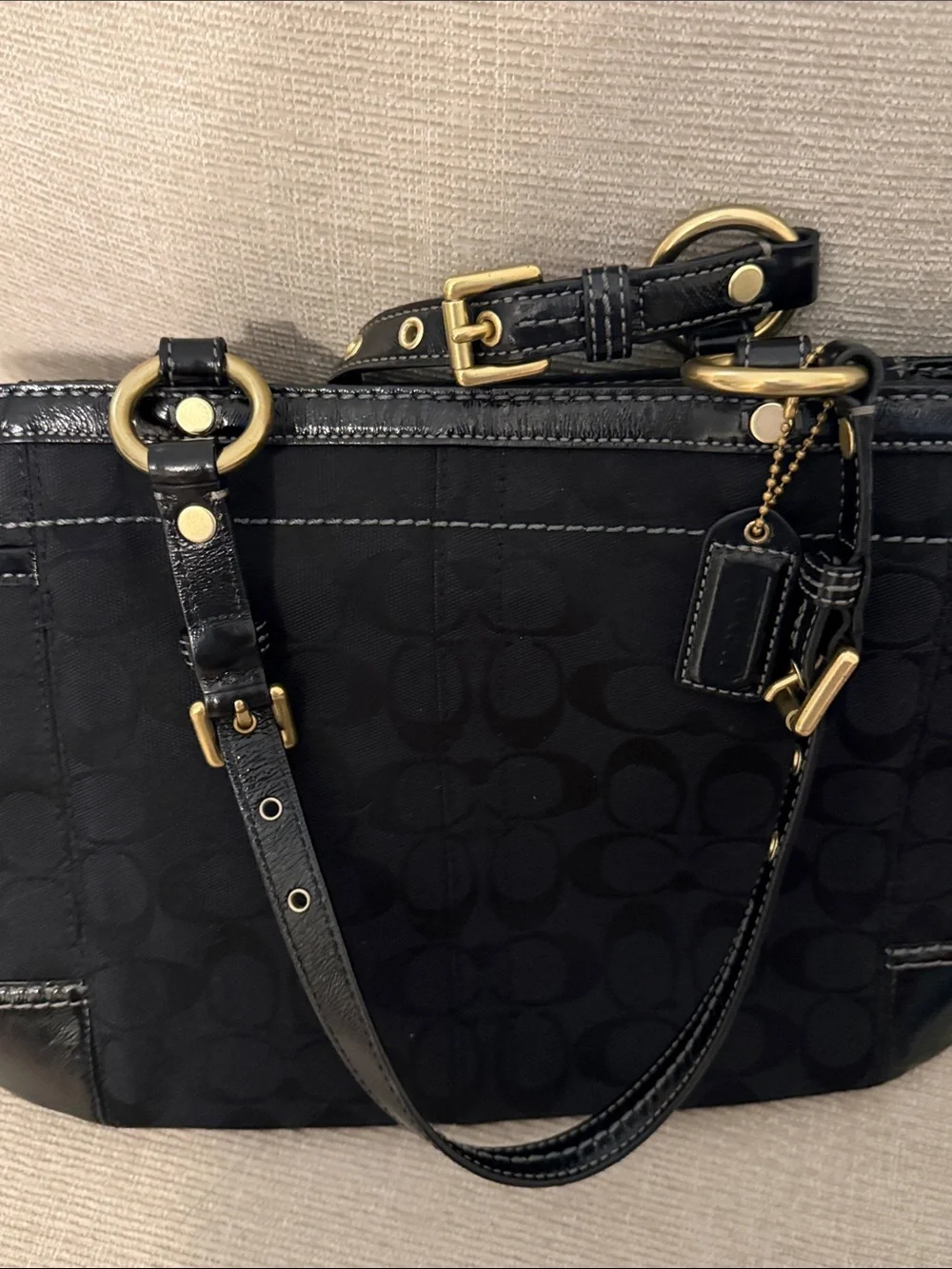 Coach Black Signature Jacquard Satchel with Patent Trim and Gold Hardware